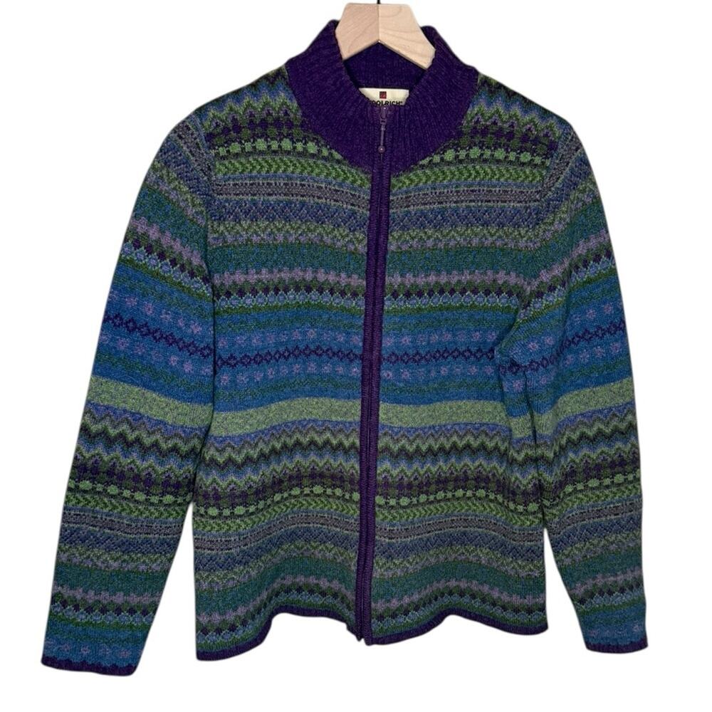 Woolrich Women’s Sz Medium Wool Zip Front Cardigan Sweater Purple Multicolor